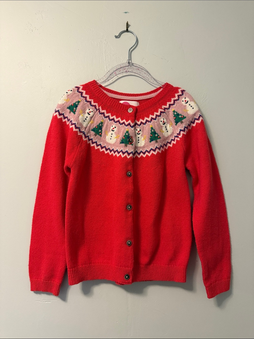 Mini Boden Red Snowmen & Trees Knit Cardigan | Size 7-8